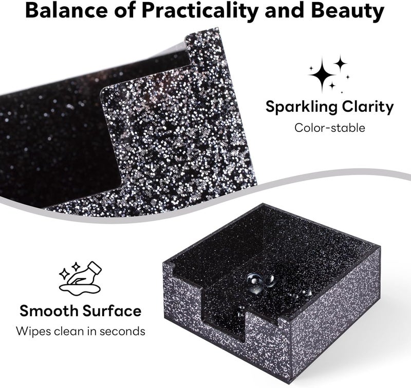 Luminzo Black Sparkling Sticky Note Holder, Glitter Acrylic Organizer, 3.94 x 3.94 in Multi-Use Tray for Office, School & Home Desk - Image 4